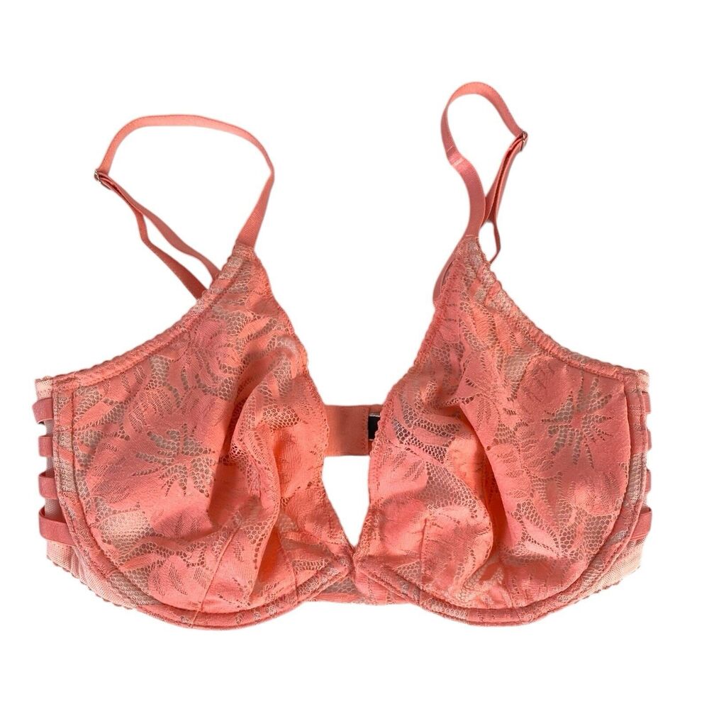 Victorias Secret VERY SEXY Unlined plunge strappy lace sides Bra Coral 34DD E14Q